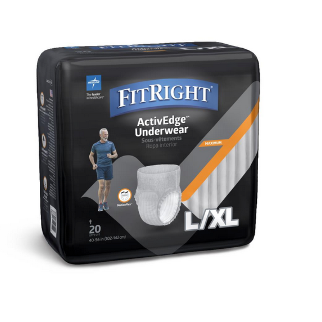 The image shows a pack of FitRight ActivEdge Underwear for Men in size L/XL with 20 pieces. The black packaging features blue and white accents, a jogging man, and emphasizes the comfortable fit and advanced odor control.